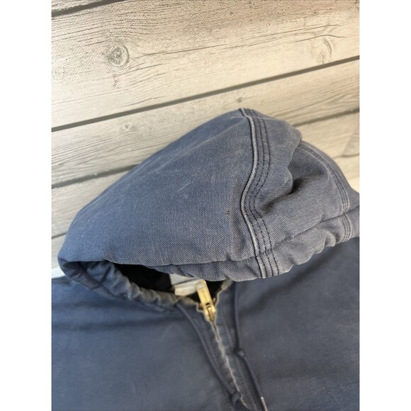 Vtg Carhartt Jacket Navy DISTRESSED Duck Canvas Quilted Hooded Coat See Pics - Picture 6 of 15